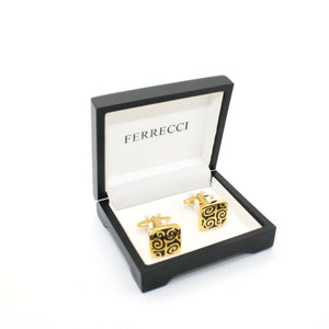 Goldtone Black Design Cuff Links With Jewelry Box - Ferrecci USA 
