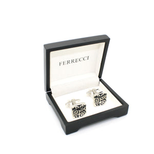 Silvertone Black Design Cuff Links With Jewelry Box - Ferrecci USA 