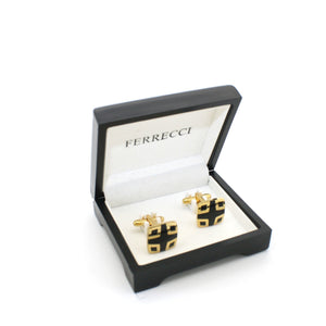 Goldtone Black Cuff Links With Jewelry Box - Ferrecci USA 