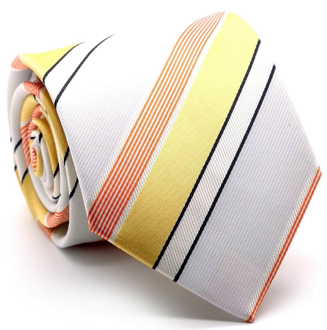 Mens Dads Classic Yellow Striped Pattern Business Casual Necktie & Hanky Set EO-11 - Ferrecci USA 