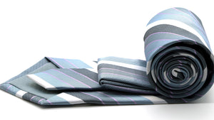 Mens Dads Classic Grey Striped Pattern Business Casual Necktie & Hanky Set EO-6 - Ferrecci USA 
