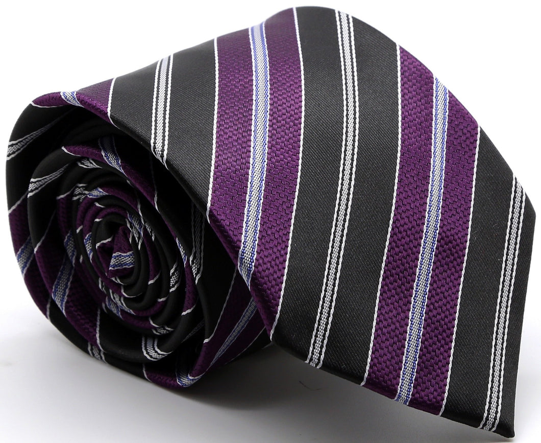 Mens Dads Classic Purple Striped Pattern Business Casual Necktie & Hanky Set F-3 - Ferrecci USA 