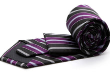 Load image into Gallery viewer, Mens Dads Classic Purple Striped Pattern Business Casual Necktie &amp; Hanky Set F-3 - Ferrecci USA 
