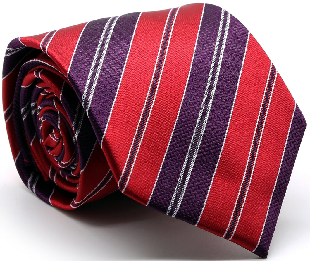 Mens Dads Classic Red Striped Pattern Business Casual Necktie & Hanky Set F-5 - Ferrecci USA 