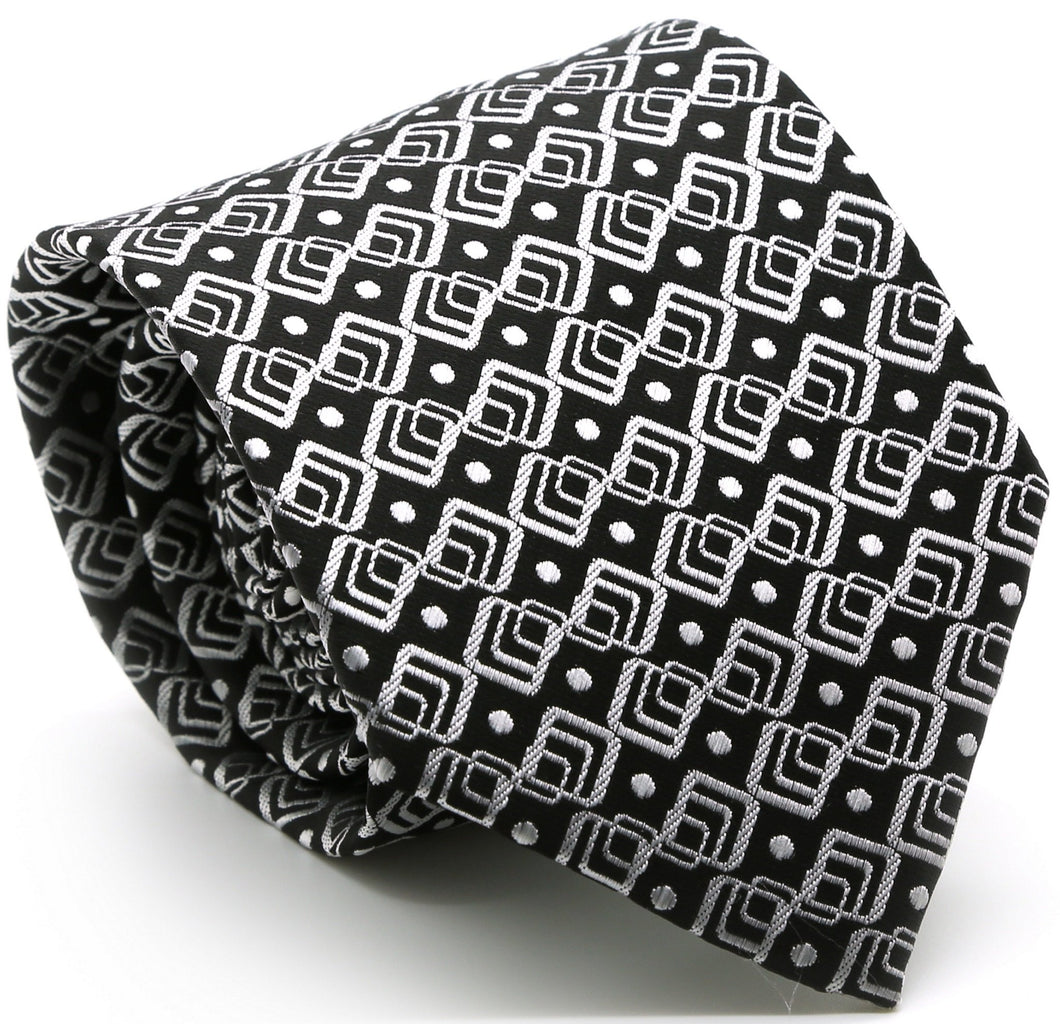 Mens Dads Classic Black Geometric Pattern Business Casual Necktie & Hanky Set G-1 - Ferrecci USA 