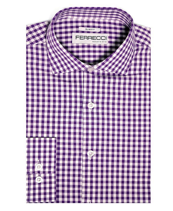 Purple Gingham Check Slim Fit Shirt - Ferrecci USA 
