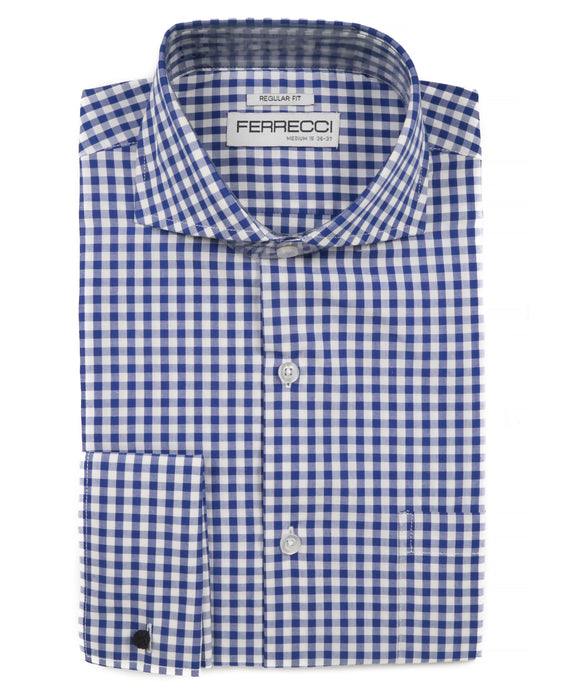 Blue Gingham Check French Cuff Regular Fit Shirt - Ferrecci USA 