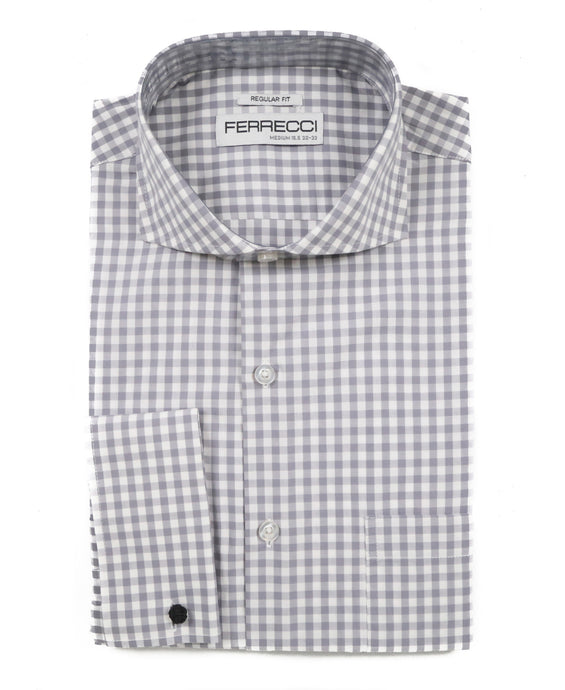 Grey Gingham Check French Cuff Regular Fit Shirt - Ferrecci USA 