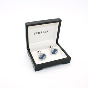 Silvertone Blue Sway Gemstone Cuff Links With Jewelry Box - Ferrecci USA 