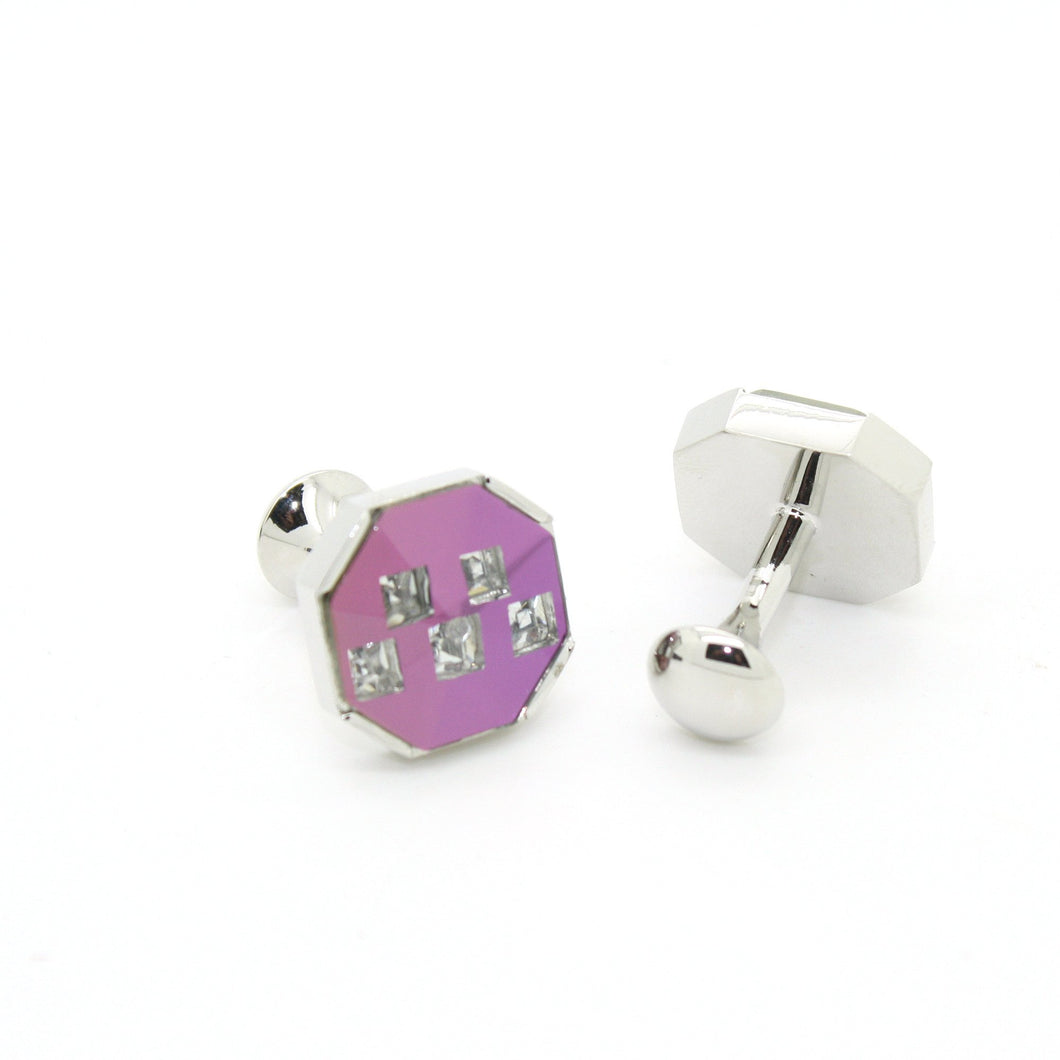 Silvertone Purple Glass Stone Cuff Links With Jewelry Box - Ferrecci USA 