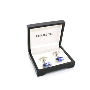 Silvertone Blue Opal Cuff Links With Jewelry Box - Ferrecci USA 