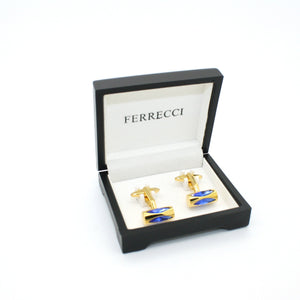 Goldtone Blue Opal Cuff Links With Jewelry Box - Ferrecci USA 