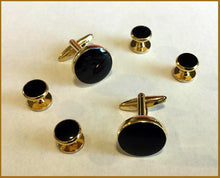 Load image into Gallery viewer, Black &amp; Gold Tuxedo Cuff-Link &amp; Stud Set
