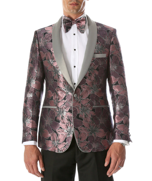 Men's Hugo Rose Floral Modern Fit Shawl Collar Tuxedo Blazer - Ferrecci USA 