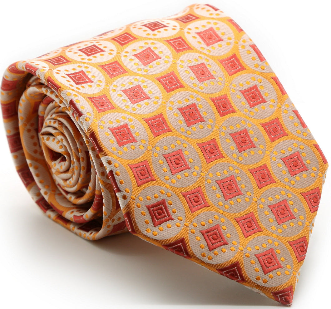 Mens Dads Classic Orange Geometric Pattern Business Casual Necktie & Hanky Set I-4 - Ferrecci USA 
