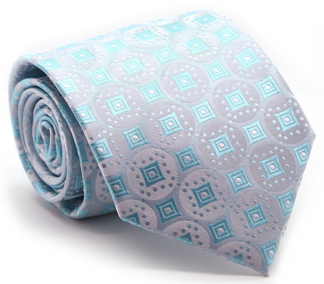 Mens Dads Classic Turquoise Geometric Pattern Business Casual Necktie & Hanky Set I-8 - Ferrecci USA 