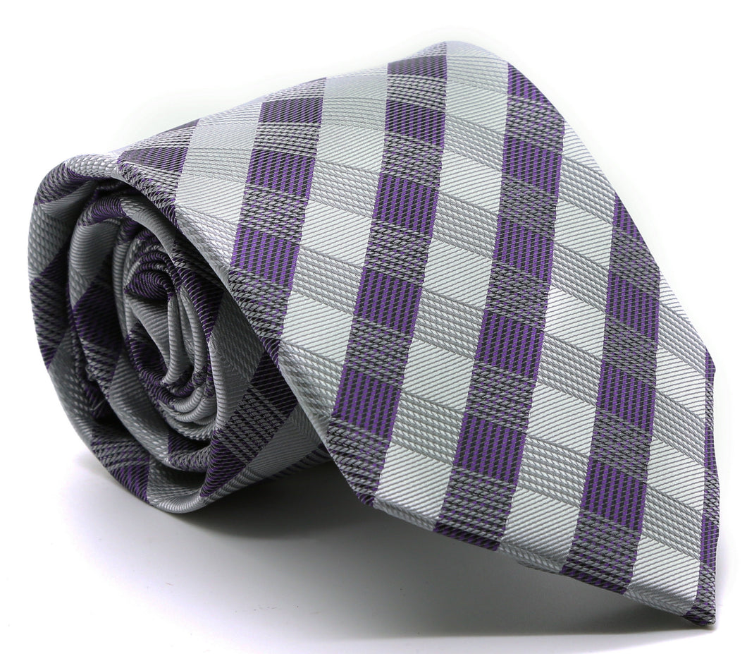 Mens Dads Classic Grey Stripe Pattern Business Casual Necktie & Hanky Set L-3 - Ferrecci USA 