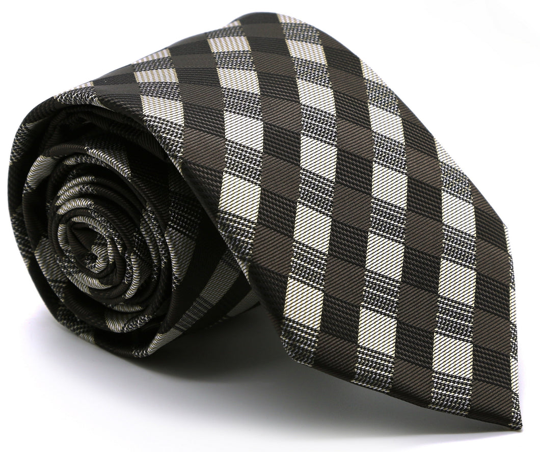 Mens Dads Classic Brown Stripe Pattern Business Casual Necktie & Hanky Set L-4 - Ferrecci USA 