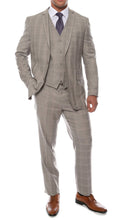 Load image into Gallery viewer, Lazio Taupe Plaid Design Notch Lapel Slim Fit Suit With Adjustable Vest - Ferrecci USA 
