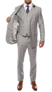 Lazio Light Grey Plaid Design Notch Lapel Slim Fit Suit With Adjustable Vest - Ferrecci USA 