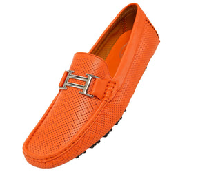 Men's Orange Perforated Smooth Driving  Moccasin/Loafers Shoes