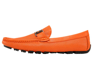 Men's Orange Perforated Smooth Driving  Moccasin/Loafers Shoes