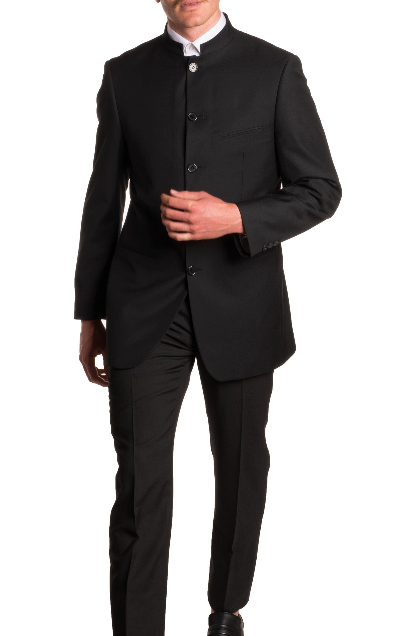 mandarin collar dress shirt with suit Mens Black Mandarin Collar Suit Set Hidden Single Breasted, Blazer & Pants Black / 48R