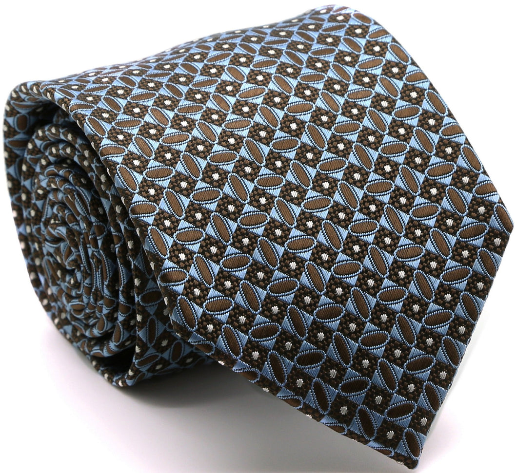 Mens Dads Classic Brown Geometric Circle Pattern Business Casual Necktie & Hanky Set OO-4 - Ferrecci USA 