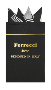 Pre-Folded Microfiber Black Grey Geometric Handkerchief Pocket Square - Ferrecci USA 