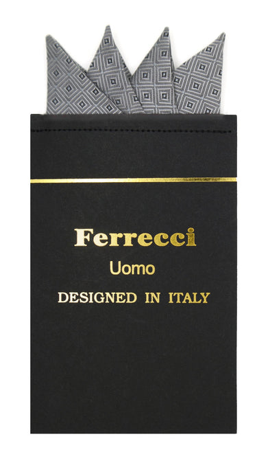 Pre-Folded Microfiber Grey Silver Geometric Handkerchief Pocket Square - Ferrecci USA 