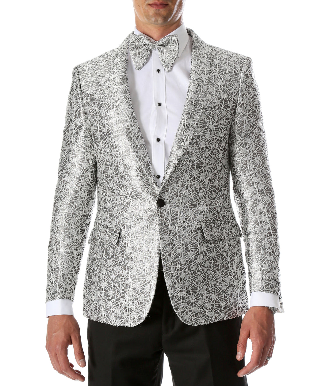 Men's Rene Abstract Silver Modern Fit Shawl Collar Tuxedo Blazer - Young Man’s Prom Wear - Ferrecci USA 