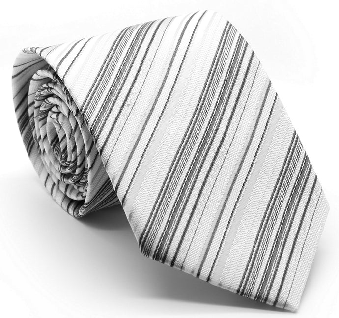 Mens Dads Classic Grey Striped Pattern Business Casual Necktie & Hanky Set S-3 - Ferrecci USA 