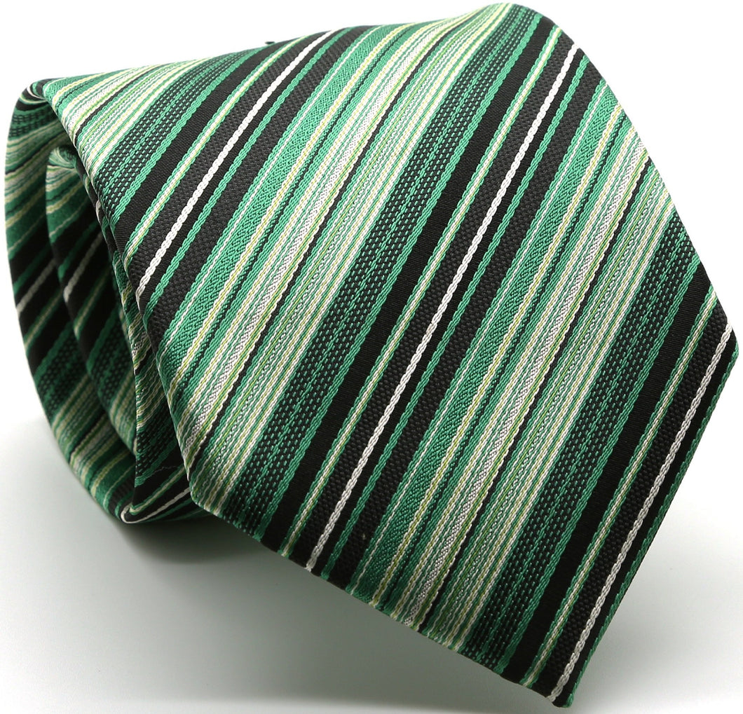 Mens Dads Classic Green Striped Pattern Business Casual Necktie & Hanky Set S-9 - Ferrecci USA 