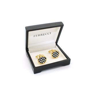 Goldtone Checker Shell Cuff Links With Jewelry Box - Ferrecci USA 