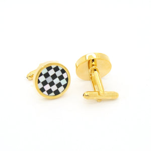 Goldtone Checker Shell Cuff Links With Jewelry Box - Ferrecci USA 