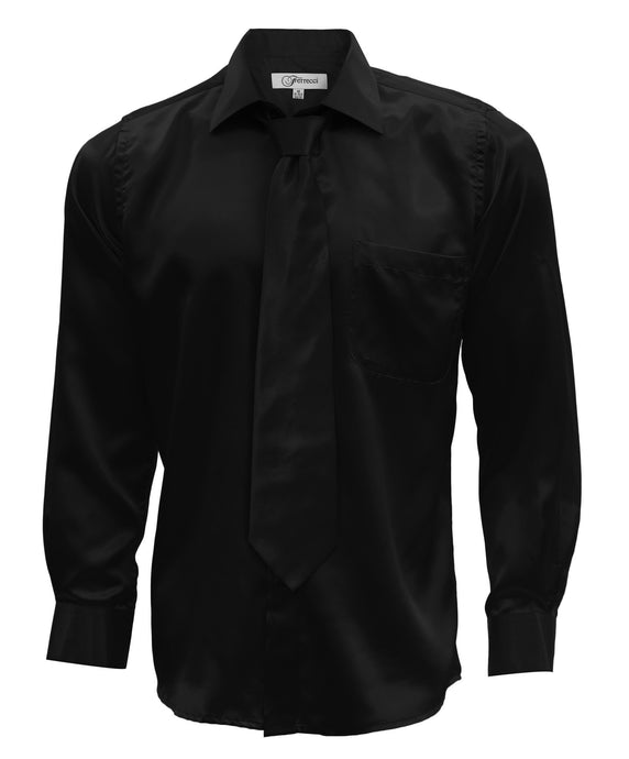Black Satin Regular Fit French Cuff Dress Shirt, Tie & Hanky Set - Ferrecci USA 