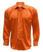 Load image into Gallery viewer, Burnt Orange Satin Men&#39;s Regular Fit Shirt, Tie &amp; Hanky Set - Ferrecci USA 
