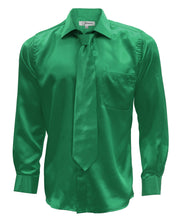 Load image into Gallery viewer, Emerald Green Satin Men&#39;s Regular Fit Shirt, Tie &amp; Hanky Set - Ferrecci USA 

