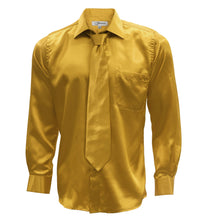 Load image into Gallery viewer, Gold Satin Men&#39;s Regular Fit Shirt, Tie &amp; Hanky Set - Ferrecci USA 
