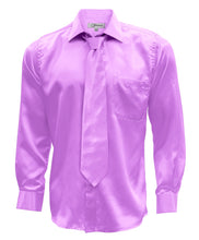 Load image into Gallery viewer, Lavender Satin Men&#39;s Regular Fit French Cuff Shirt, Tie &amp; Hanky Set - Ferrecci USA 
