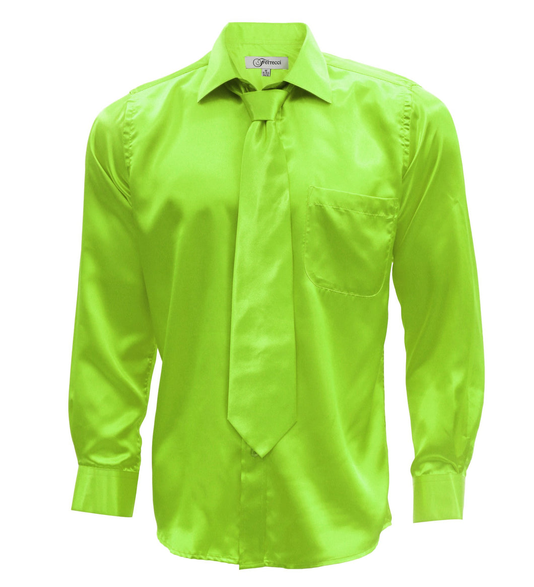 Lime Green Satin Regular Fit Dress Shirt, Tie & Hanky Set - Ferrecci USA 