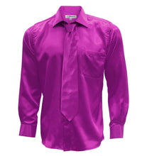 Load image into Gallery viewer, Magenta Satin Regular Fit Dress Shirt, Tie &amp; Hanky Set - Ferrecci USA 
