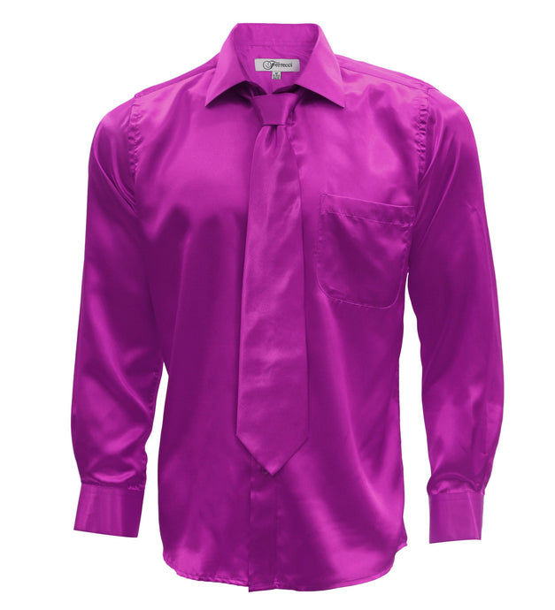 Magenta Satin Regular Fit Dress Shirt, Tie & Hanky Set - Ferrecci USA 