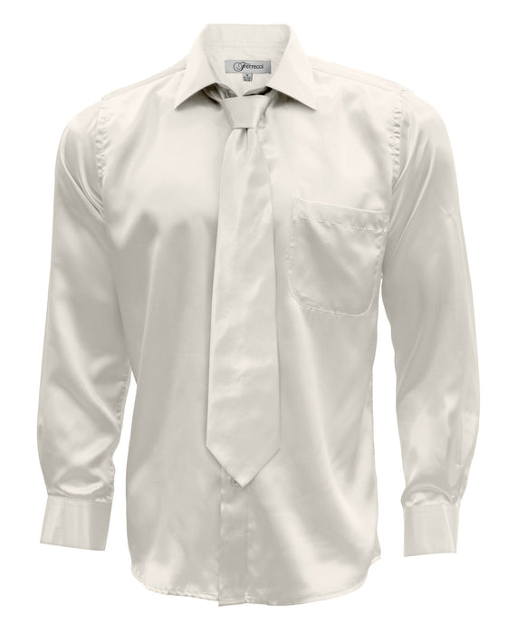 Off White Satin Men's Regular Fit Shirt, Tie & Hanky Set - Ferrecci USA 
