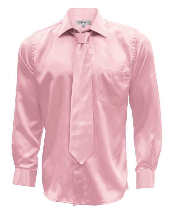 Pink Satin Regular Fit Dress Shirt, Tie & Hanky Set - Ferrecci USA 