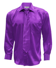 Load image into Gallery viewer, Purple Satin Men&#39;s Regular Fit Shirt, Tie &amp; Hanky Set - Ferrecci USA 
