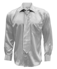 Load image into Gallery viewer, Silver Satin Men&#39;s Regular Fit Shirt, Tie &amp; Hanky Set - Ferrecci USA 
