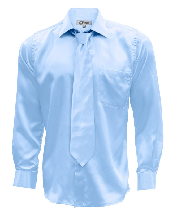 Sky Blue Satin Men's Regular Fit Shirt, Tie & Hanky Set - Ferrecci USA 