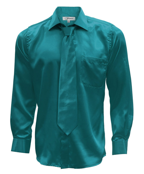 Teal Satin Men's Regular Fit Shirt, Tie & Hanky Set - Ferrecci USA 