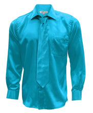 Load image into Gallery viewer, Turquoise Satin Men&#39;s Regular Fit Shirt, Tie &amp; Hanky Set - Ferrecci USA 
